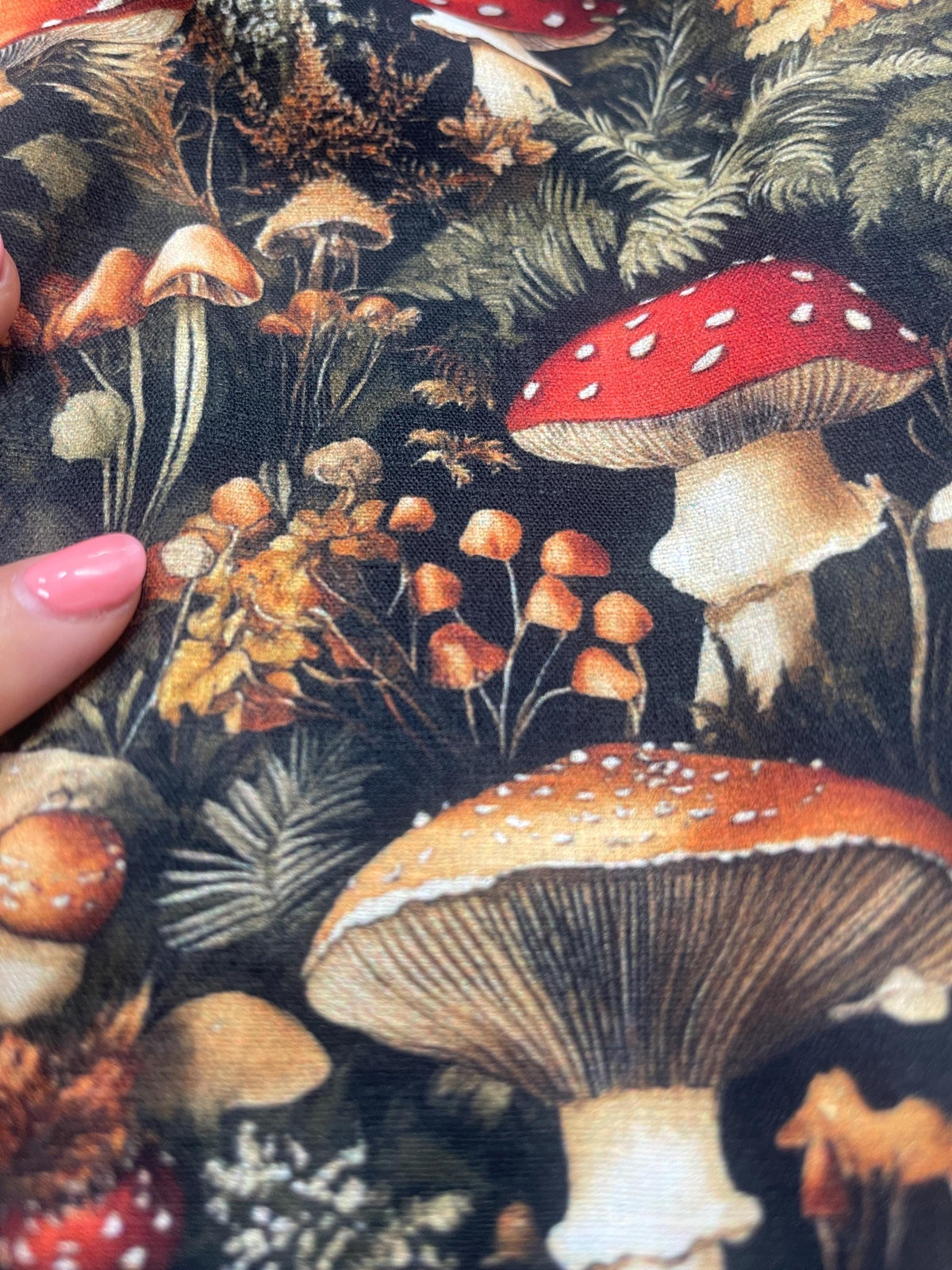 Dark moody mushroom forest fabric close-up texture detail