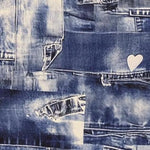 Patchwork denim print fabric draped view