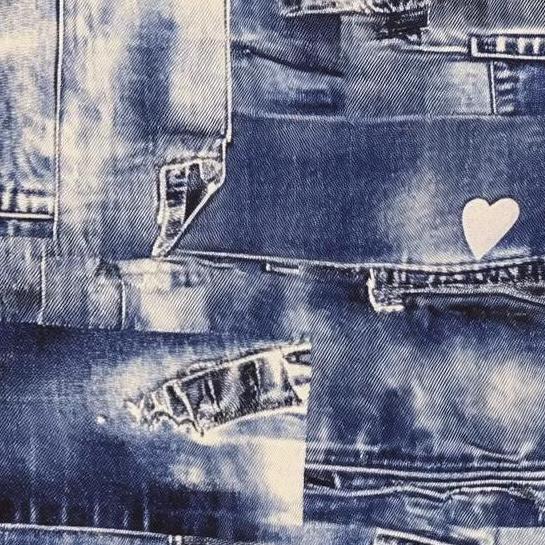 Patchwork denim print fabric draped view