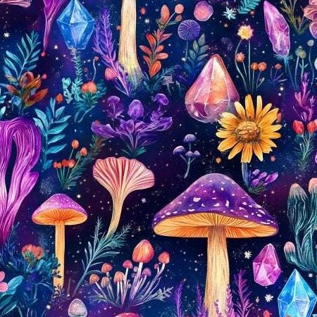 Mushroom crystal botanical fabric draped view