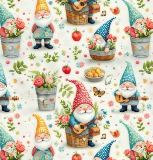 Whimsical gnome garden fabric close-up texture detail