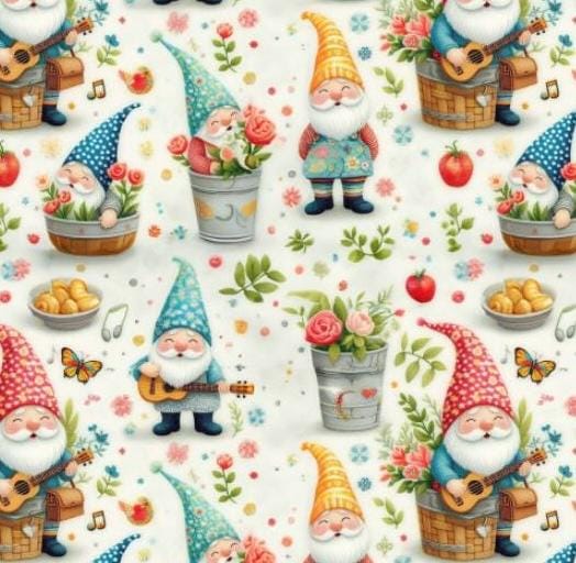 Whimsical gnome garden fabric draped view