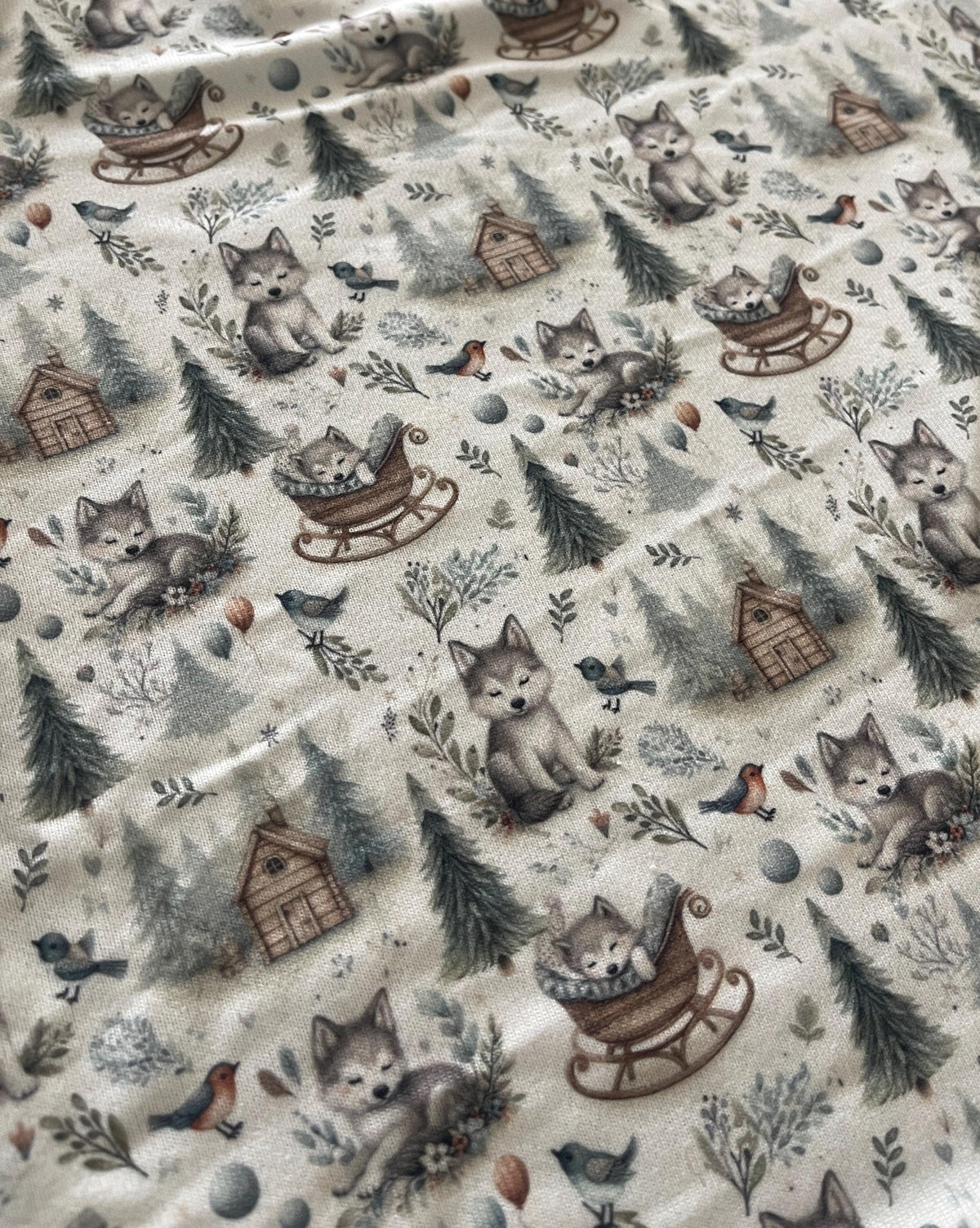 Whimsical woodland fox nursery fabric flat lay view