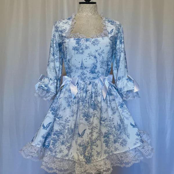 French blue english garden toile fabric draped view