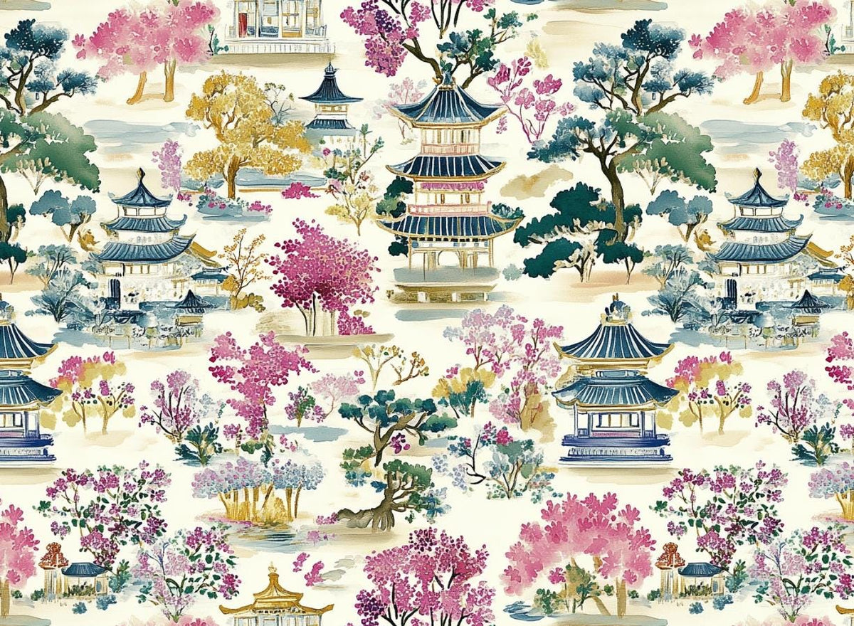 East asian pagoda scenic fabric flat lay view
