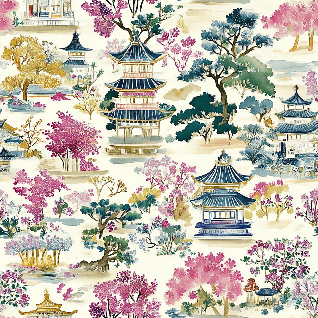 East asian pagoda scenic fabric draped view