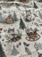Whimsical woodland fox nursery fabric close-up texture detail