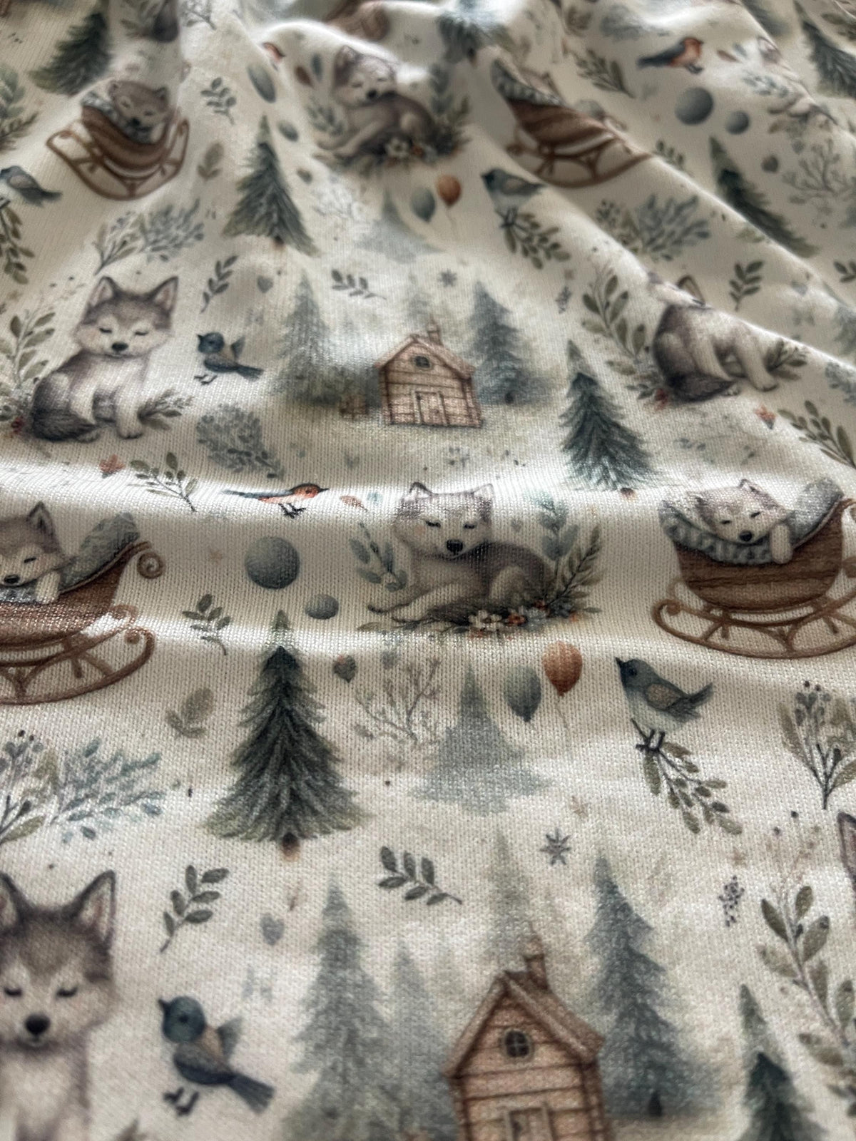 Whimsical woodland fox nursery fabric draped view