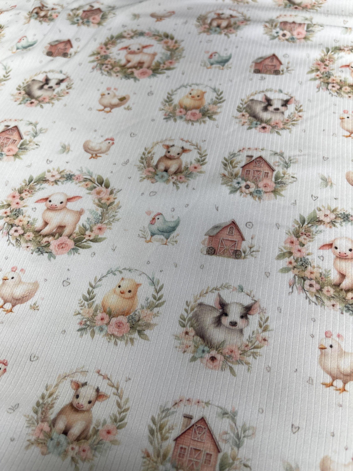Watercolor farm barnyard nursery fabric close-up texture detail