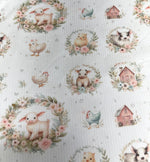 Watercolor farm barnyard nursery fabric draped view