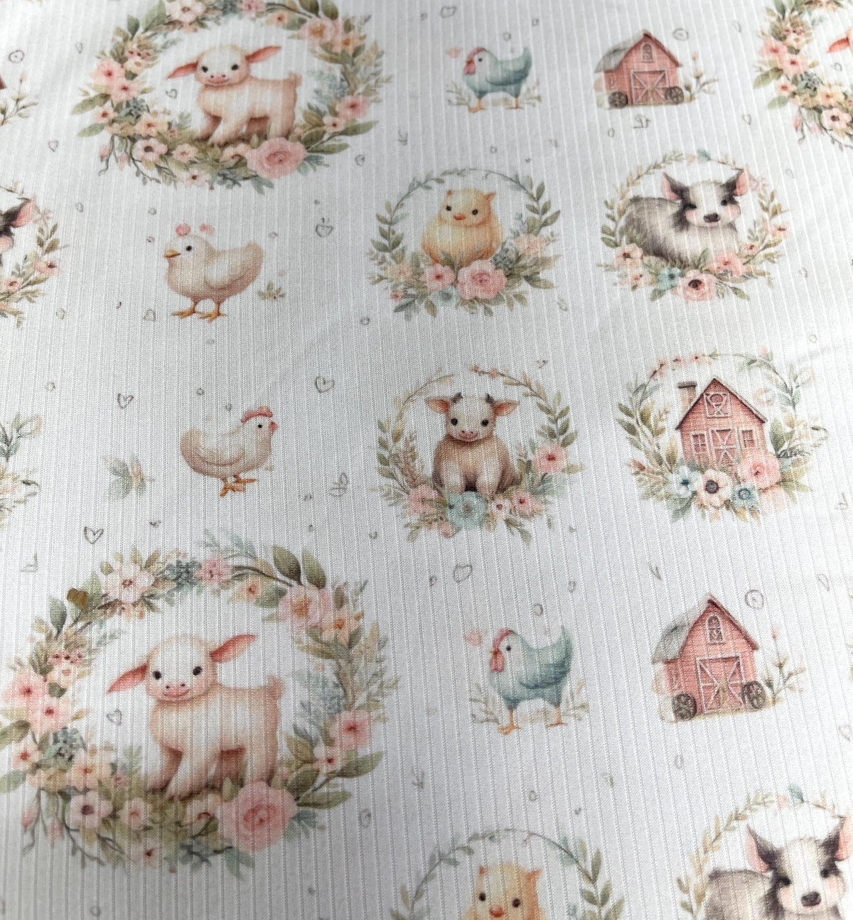 Watercolor farm barnyard nursery fabric draped view