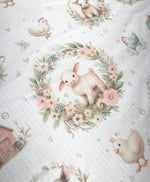 Watercolor farm barnyard nursery fabric flat lay view