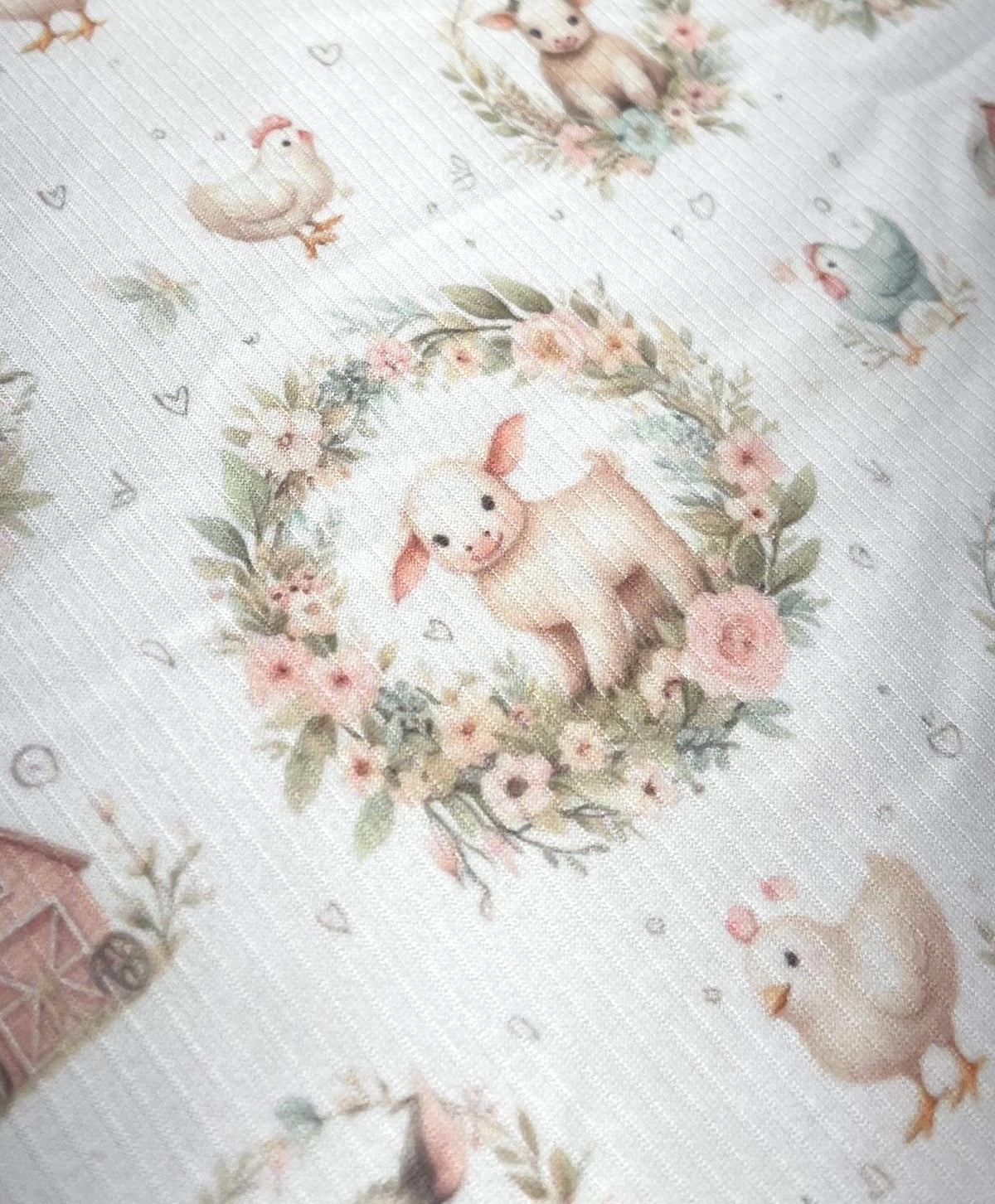 Watercolor farm barnyard nursery fabric flat lay view