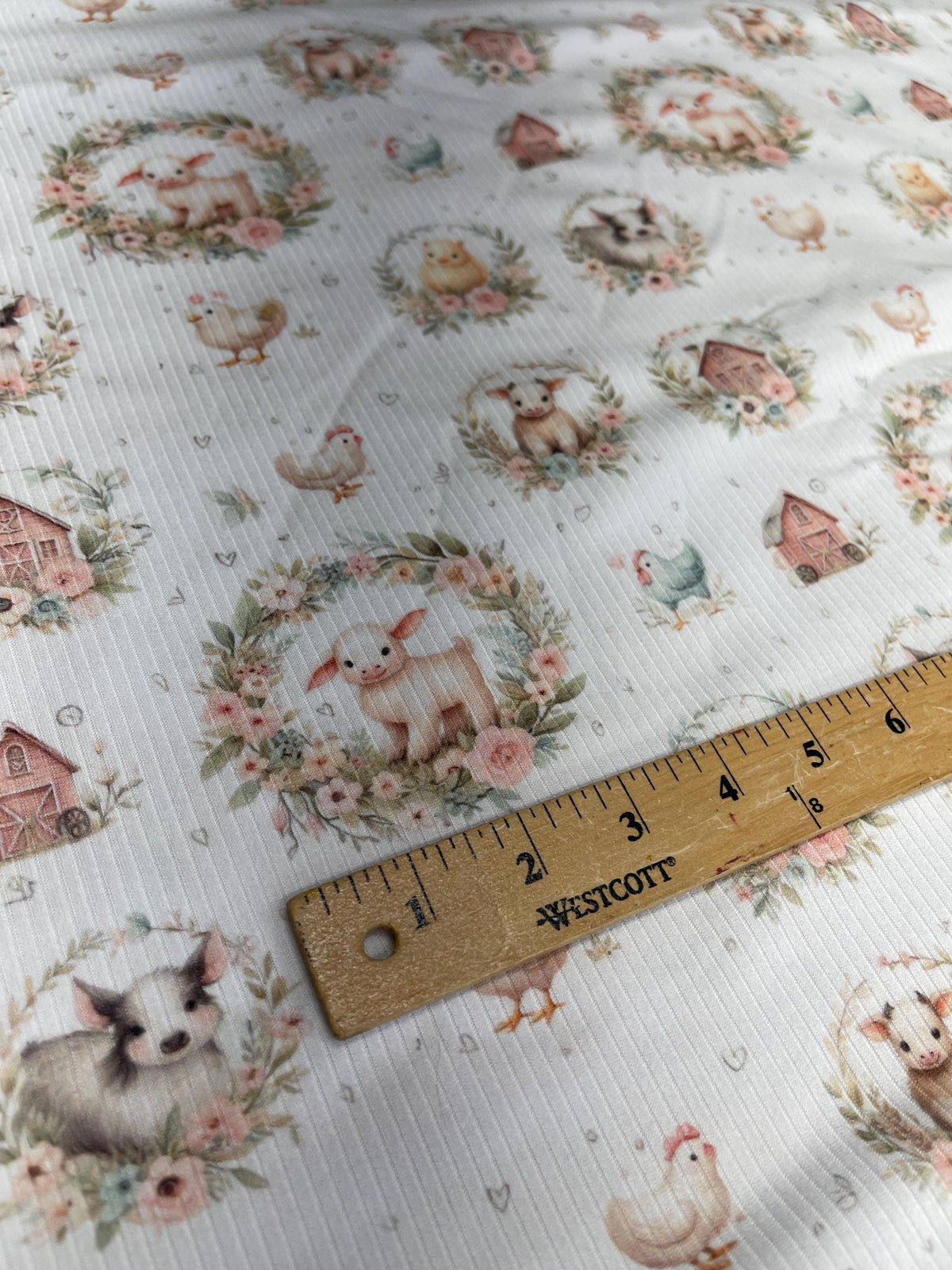 Watercolor farm barnyard nursery fabric detail view