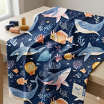 Watercolor ocean animals nursery fabric close-up texture detail