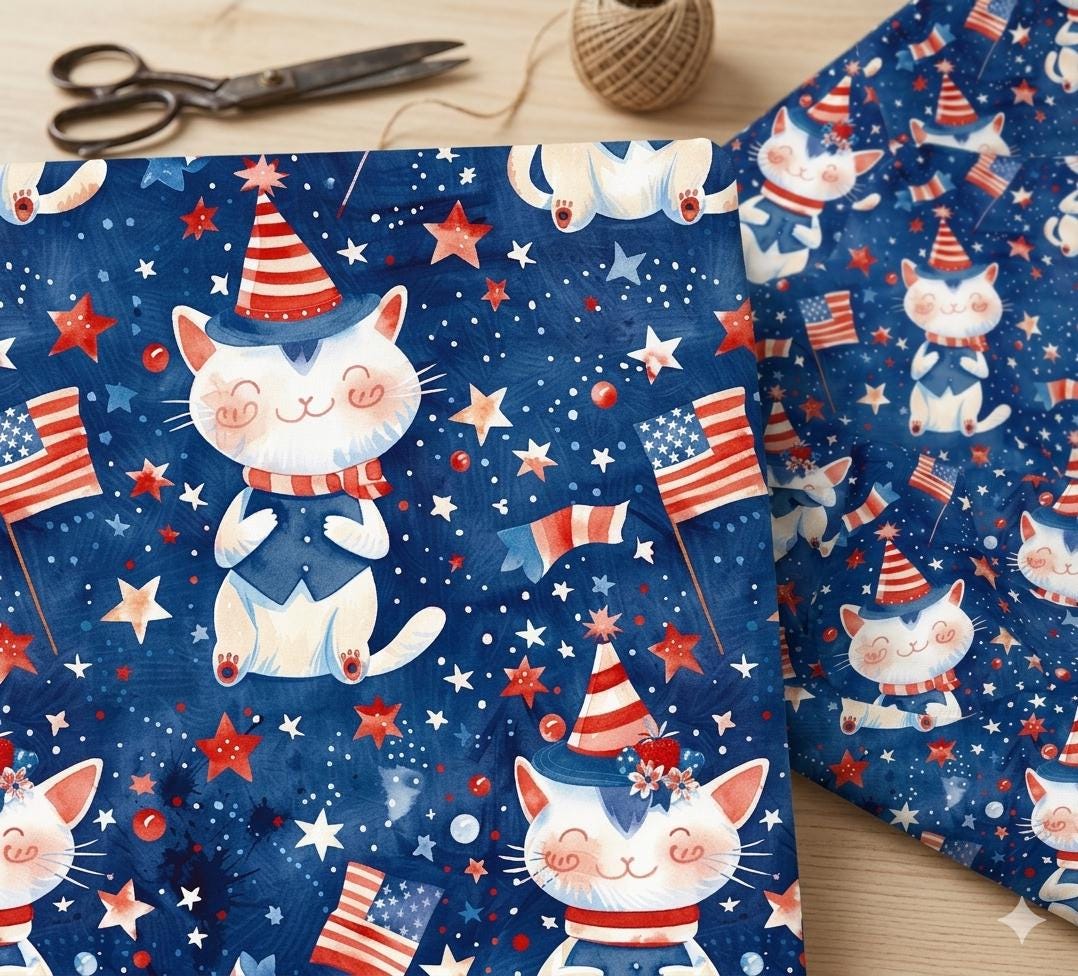 Patriotic kitten 4th of july fabric