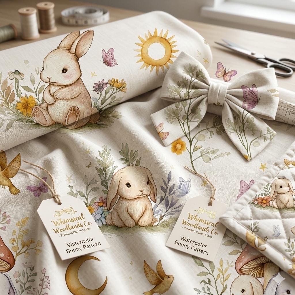 Woodland watercolor bunnies nursery fabric close-up texture detail