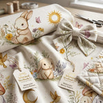 Woodland watercolor bunnies nursery fabric close-up texture detail