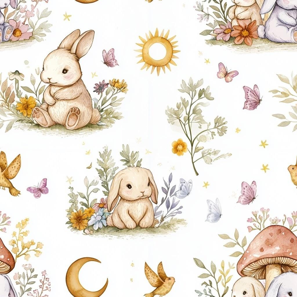 Woodland watercolor bunnies nursery fabric draped view