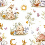 Woodland watercolor bunnies nursery fabric draped view