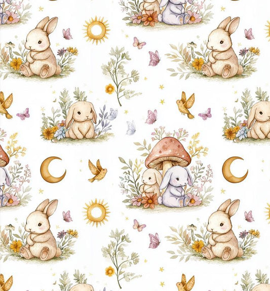 Woodland watercolor bunnies nursery fabric