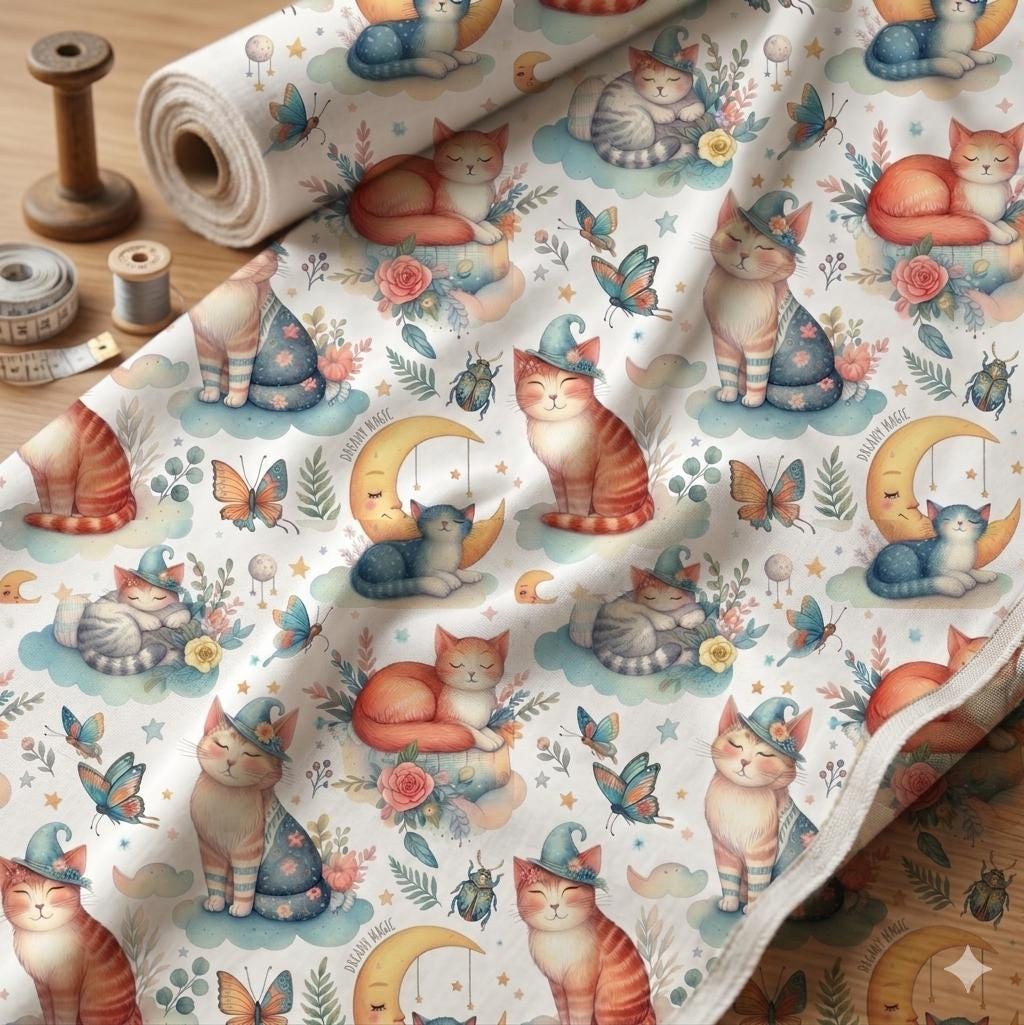 Cute cat quilting fabric flat lay view