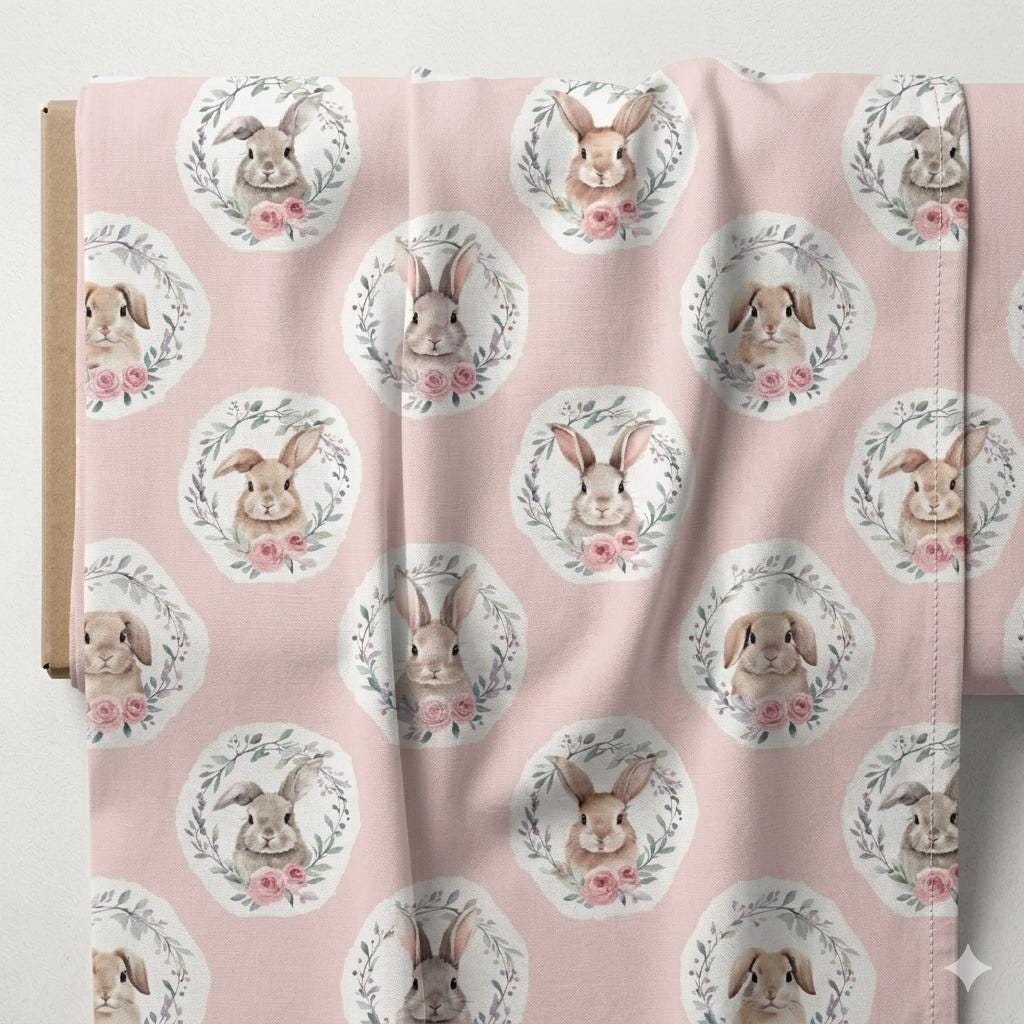 Pink bunny woodland nursery fabric draped view