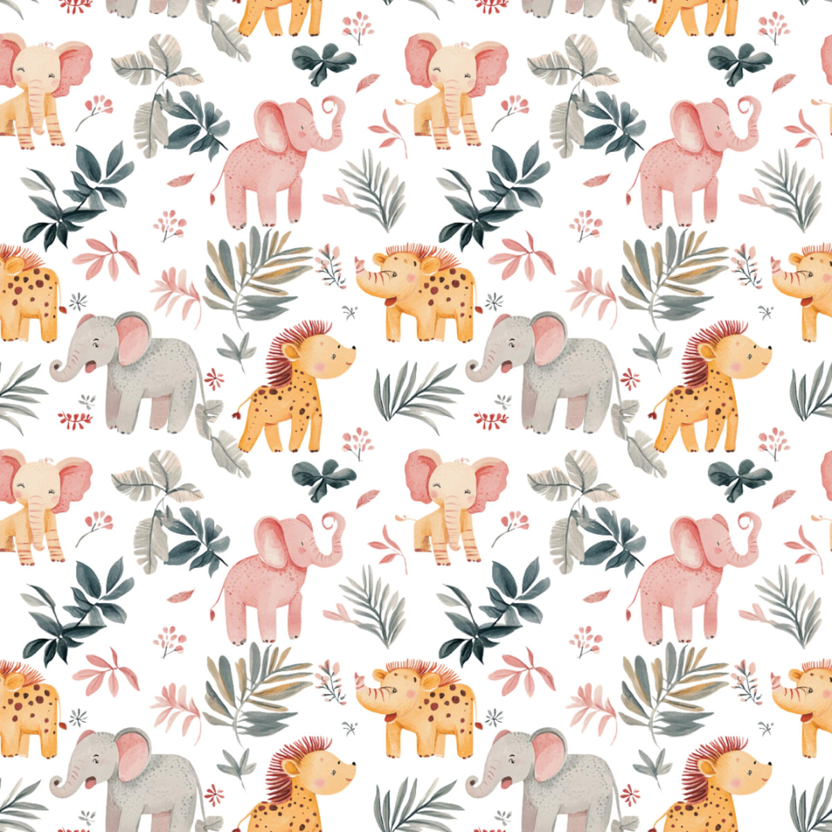 Watercolor safari animals nursery fabric close-up texture detail