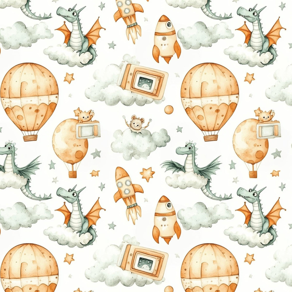 Dragons rockets and balloons nursery fabric