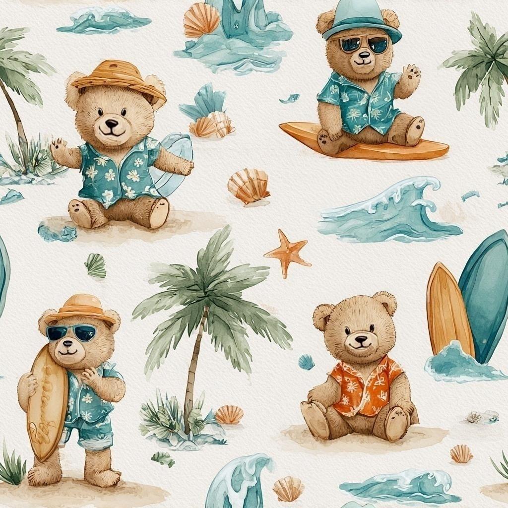 Beach bear summer nursery fabric detail view