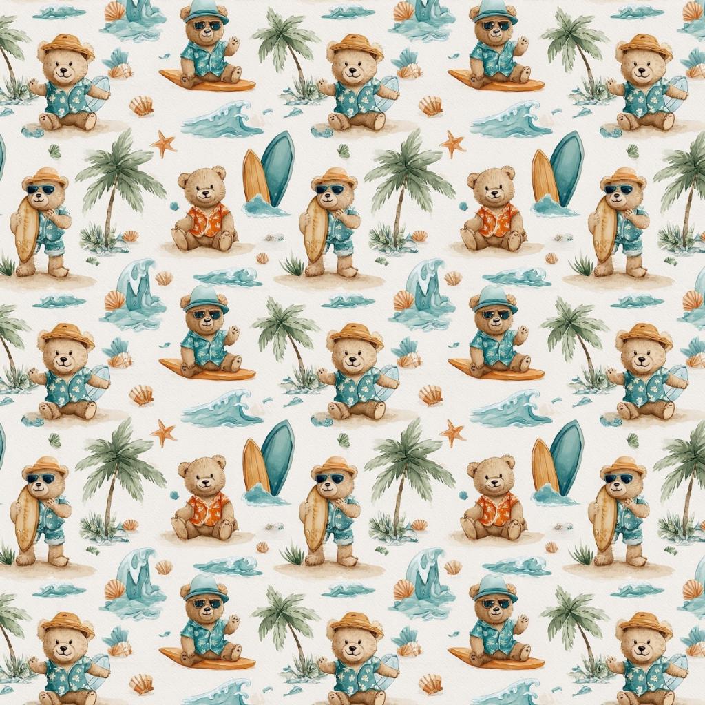 Beach bear summer nursery fabric flat lay view