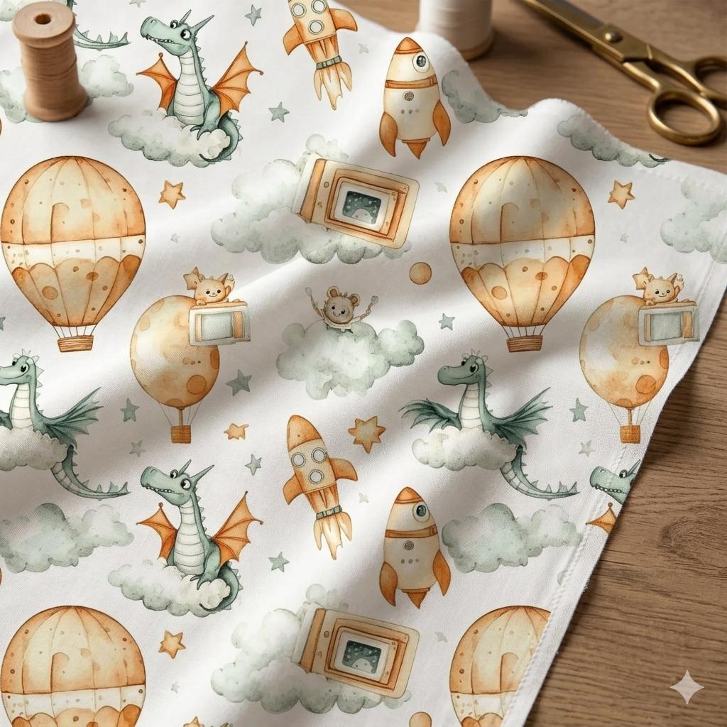 Dragons rockets and balloons nursery fabric close-up texture detail