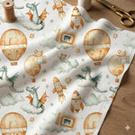 Dragons rockets and balloons nursery fabric close-up texture detail