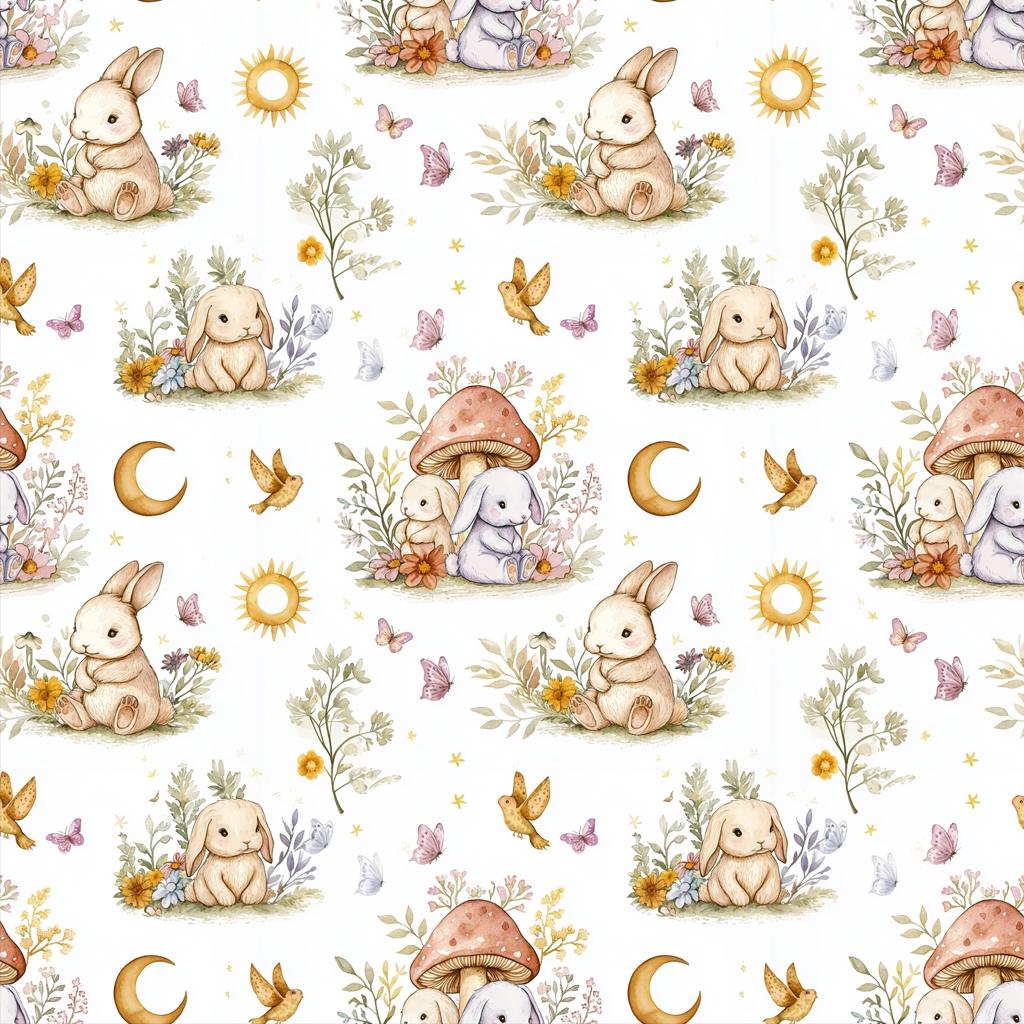 Woodland watercolor bunnies nursery fabric flat lay view