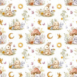 Woodland watercolor bunnies nursery fabric flat lay view