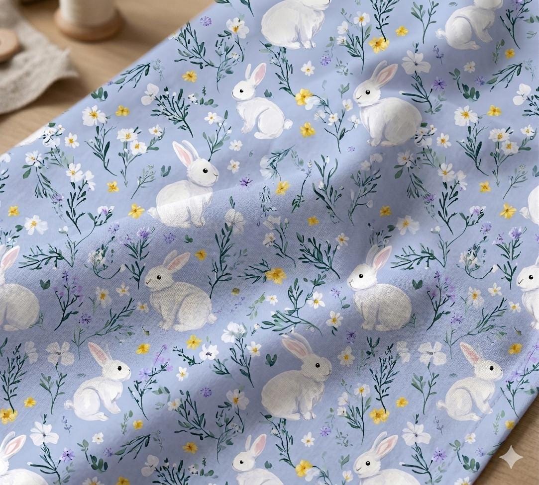 Watercolor bunny nursery fabric close-up texture detail