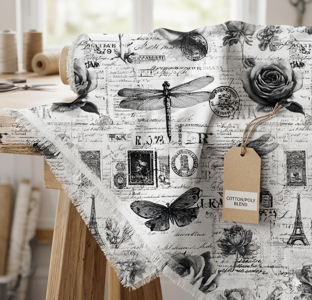 Vintage french newspaper fabric close-up texture detail