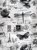 Vintage french newspaper fabric flat lay view