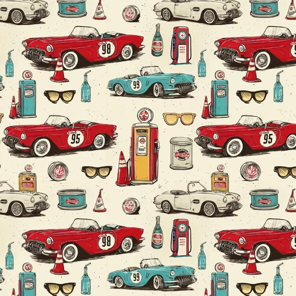 Vintage car roses butterfly fabric