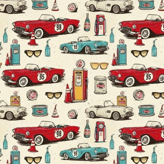 Vintage car roses butterfly fabric