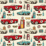 Vintage car roses butterfly fabric flat lay view