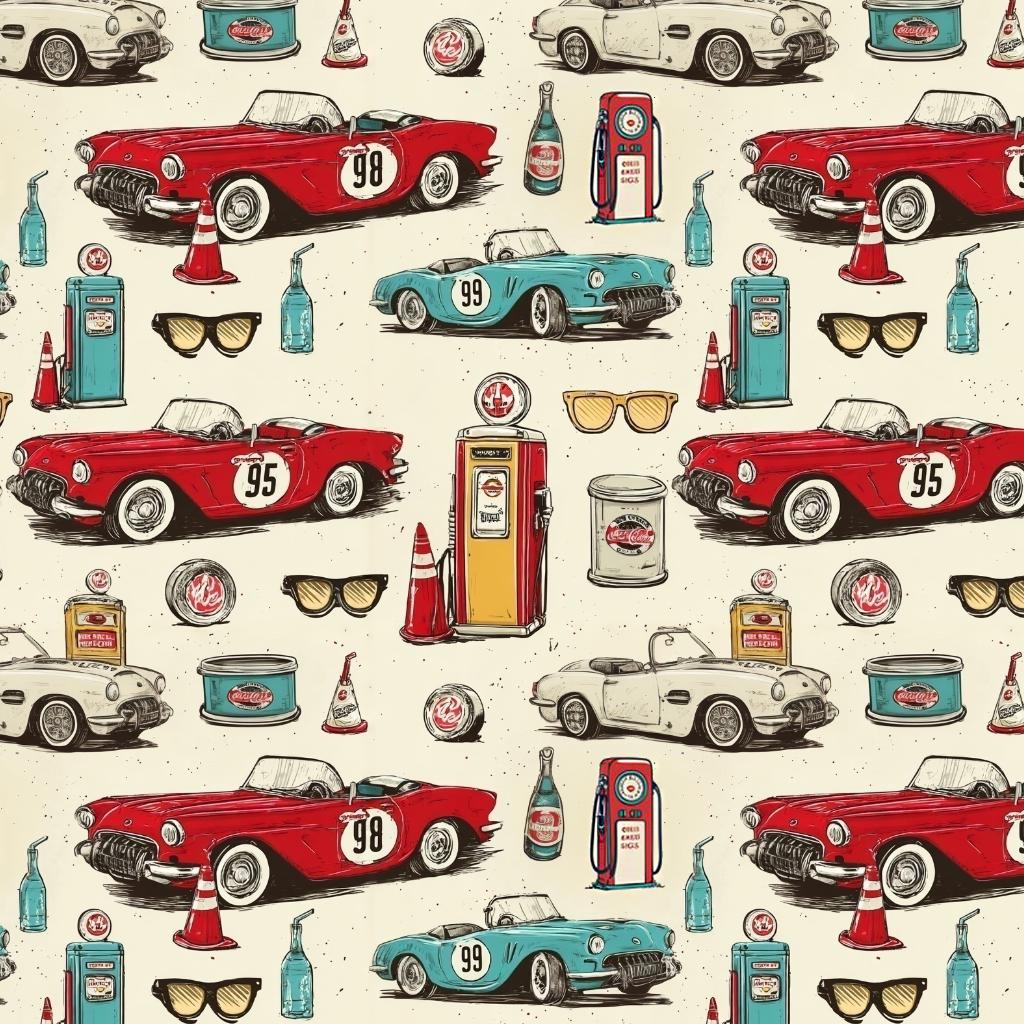 Vintage car roses butterfly fabric flat lay view