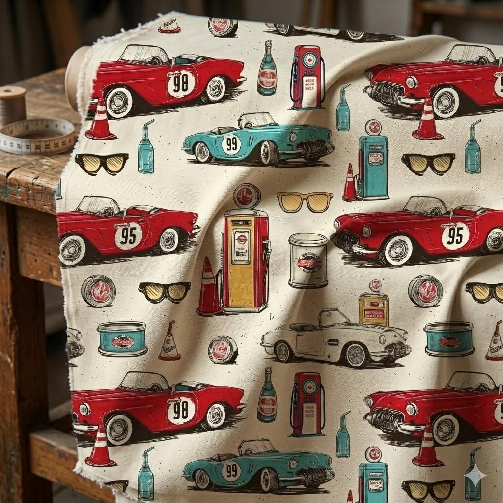 Vintage car roses butterfly fabric close-up texture detail