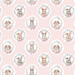 Pink bunny woodland nursery fabric flat lay view