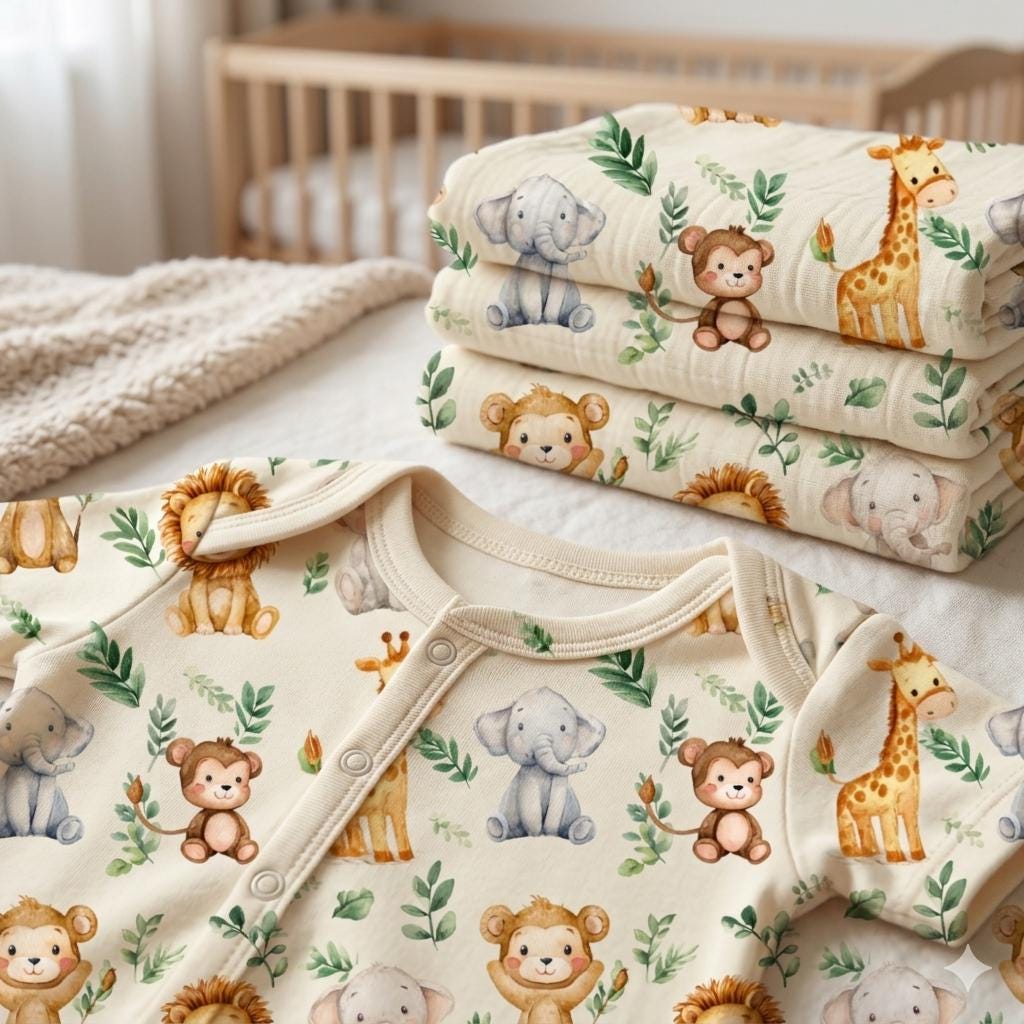 Safari animals nursery fabric close-up texture detail