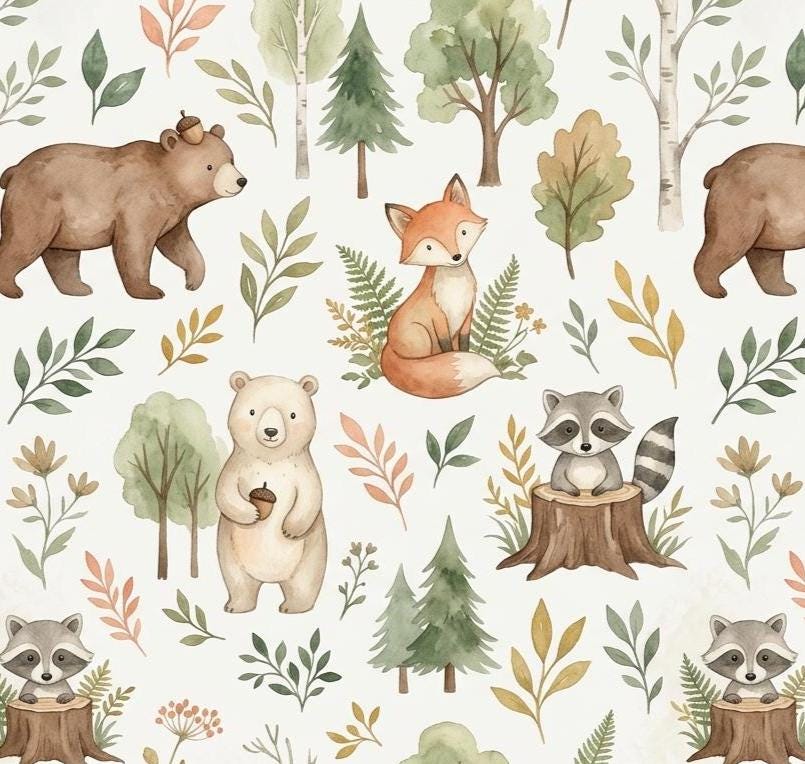 Autumn forest animals nursery fabric flat lay view