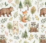 Autumn forest animals nursery fabric flat lay view