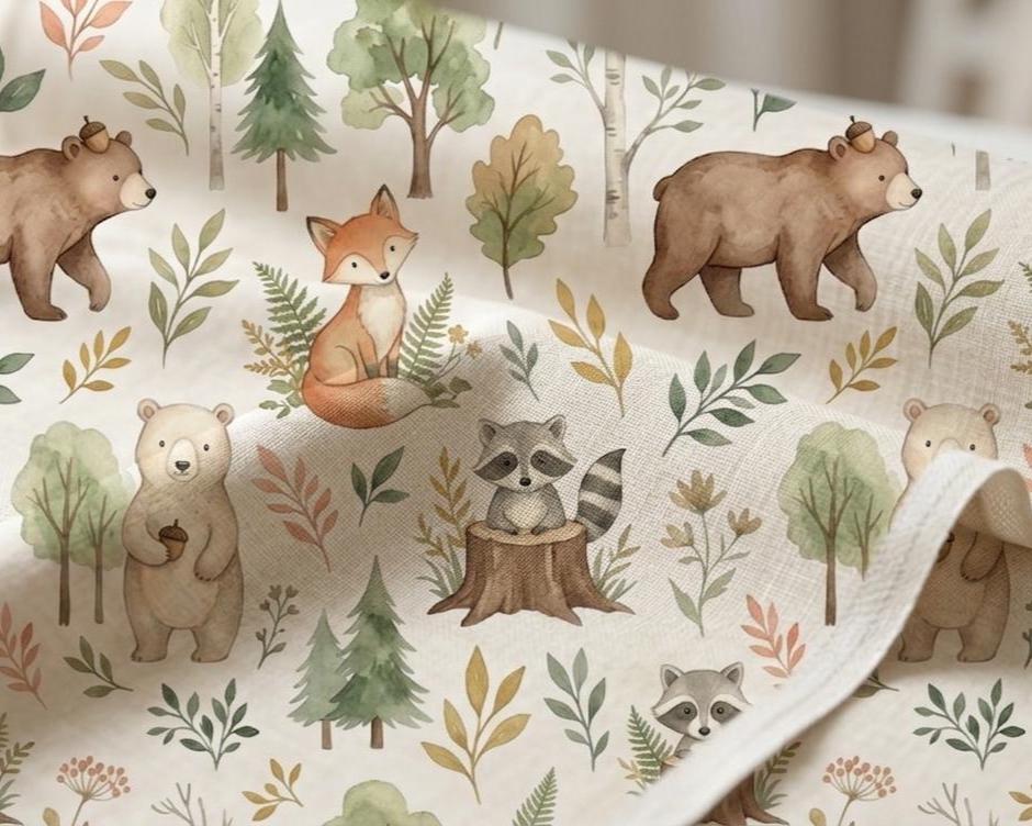 Autumn forest animals nursery fabric draped view