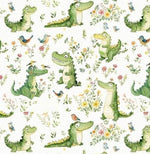 Watercolor baby crocodile nursery fabric close-up texture detail
