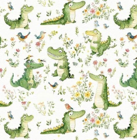 Watercolor baby crocodile nursery fabric close-up texture detail